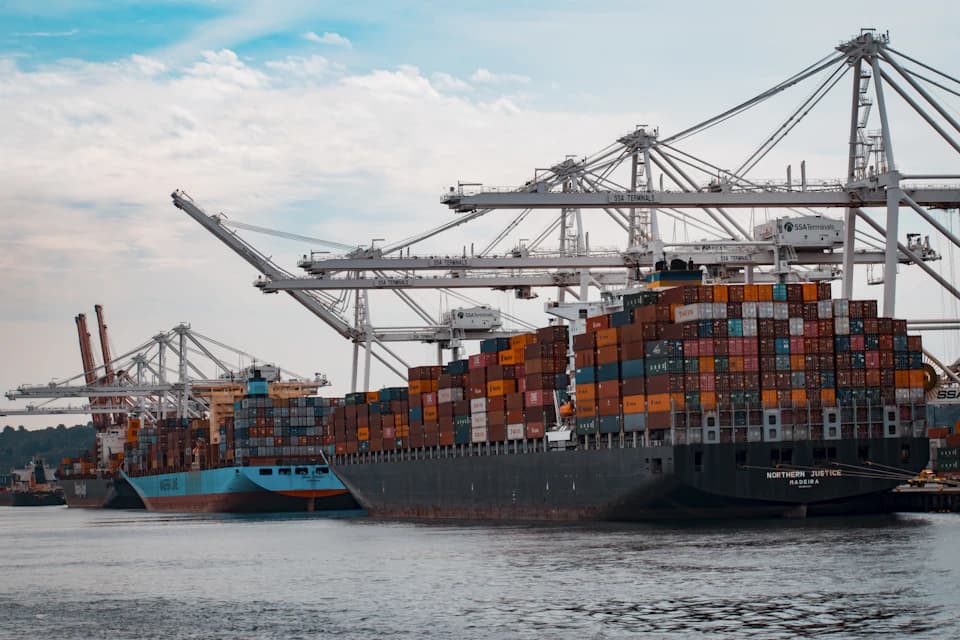 Cargo ship at sea carrying international freight