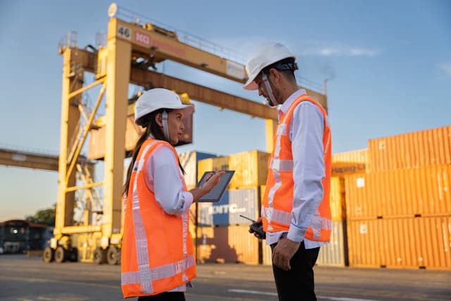 Logistics supervisors coordinating operations at a container terminal